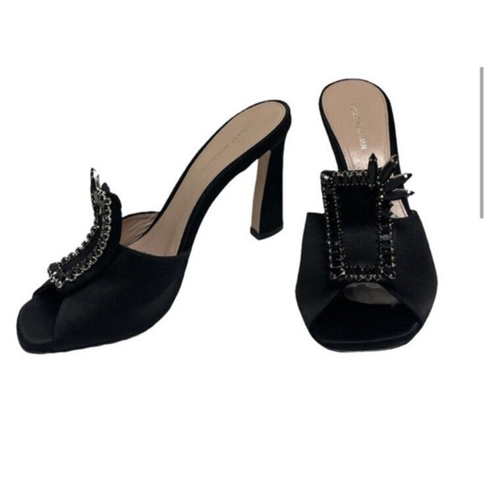 Stuart Weitzman Black Satin Embellished Open-Toe Mule Heels